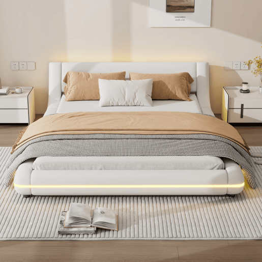 Cama baixa 140x200 cm - PU, luz LED ambiente, comando remoto com 24 botões - Branco
