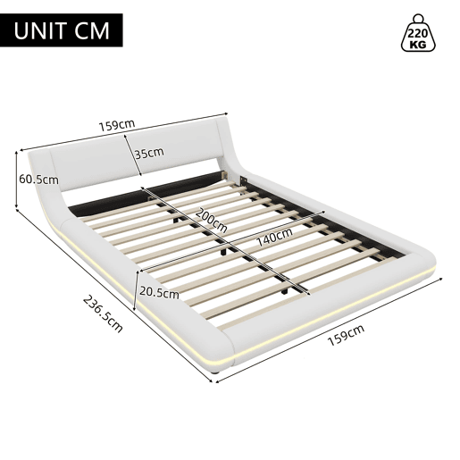 Cama baixa 140x200 cm - PU, luz LED ambiente, comando remoto com 24 botões - Branco