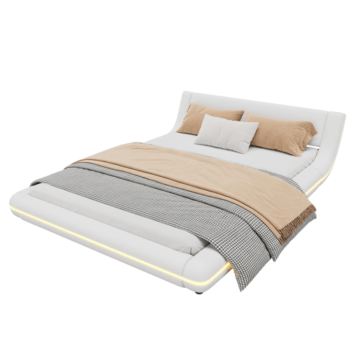 Cama baixa 140x200 cm - PU, luz LED ambiente, comando remoto com 24 botões - Branco