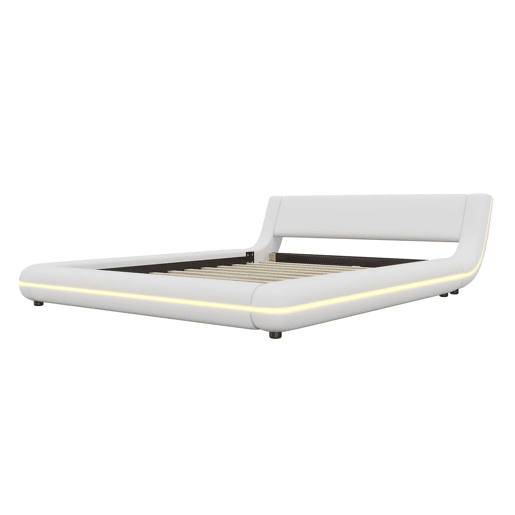 Cama baixa 140x200 cm - PU, luz LED ambiente, comando remoto com 24 botões - Branco