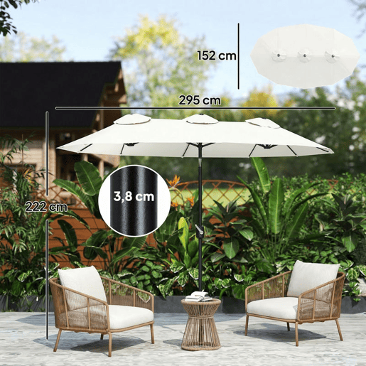 Outsunny Chapéu de Sol Duplo 295x152x222 cm Chapéu de Sol de Jardim com Inclinação de 45° Manivela Estrutura de Aço para Pátio Varanda Piscina Creme
