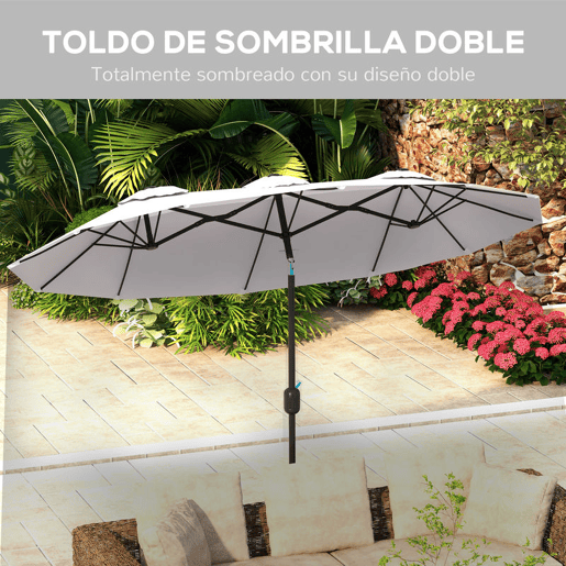 Outsunny Chapéu de Sol Duplo 295x152x222 cm Chapéu de Sol de Jardim com Inclinação de 45° Manivela Estrutura de Aço para Pátio Varanda Piscina Creme