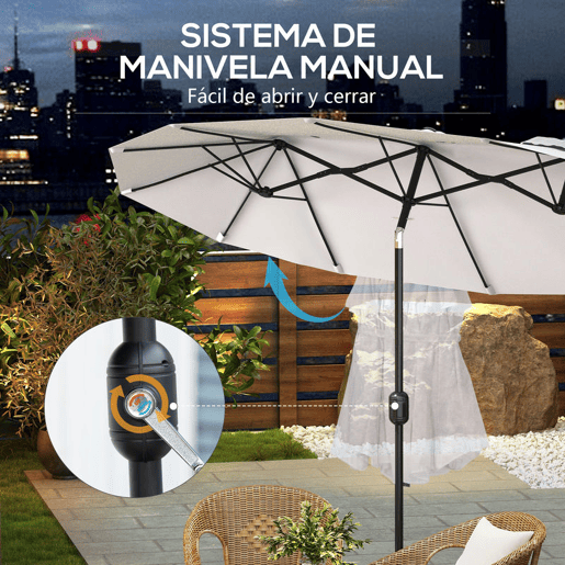 Outsunny Chapéu de Sol Duplo 295x152x222 cm Chapéu de Sol de Jardim com Inclinação de 45° Manivela Estrutura de Aço para Pátio Varanda Piscina Creme