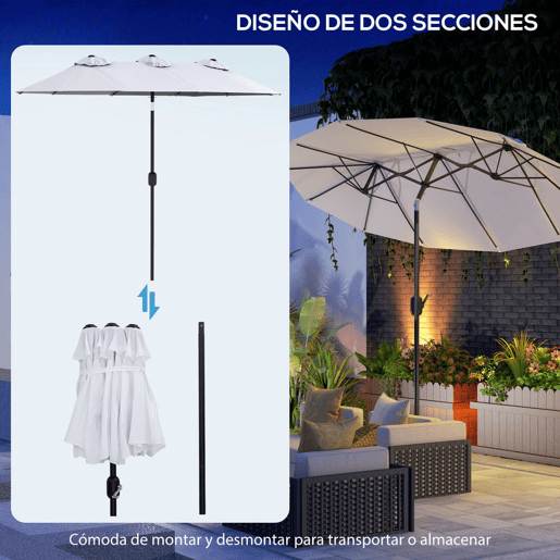 Outsunny Chapéu de Sol Duplo 295x152x222 cm Chapéu de Sol de Jardim com Inclinação de 45° Manivela Estrutura de Aço para Pátio Varanda Piscina Creme