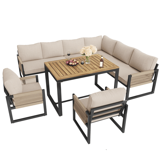 Conjunto de jardim com 2 sofás,2 poltronas e mesa de centro,bege