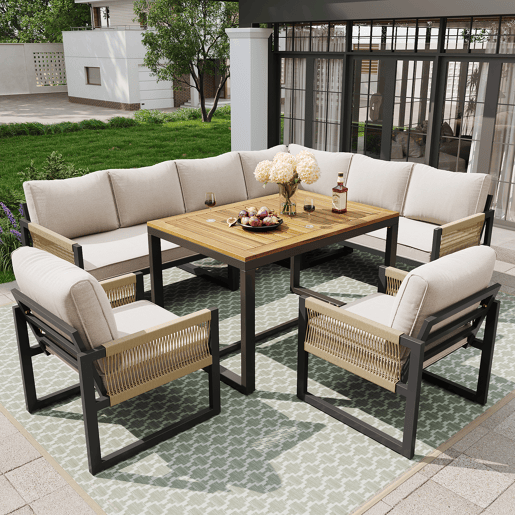 Conjunto de jardim com 2 sofás,2 poltronas e mesa de centro,bege