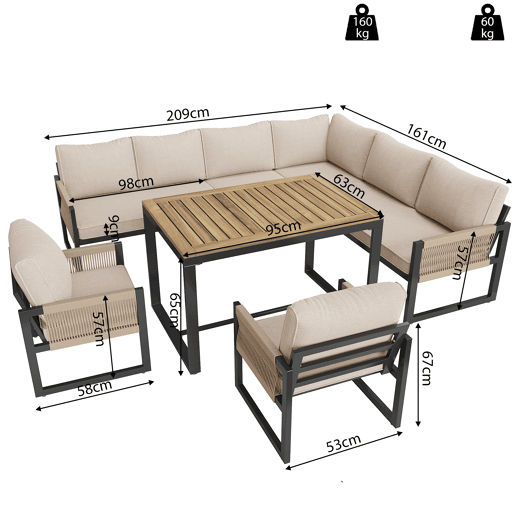 Conjunto de jardim com 2 sofás,2 poltronas e mesa de centro,bege