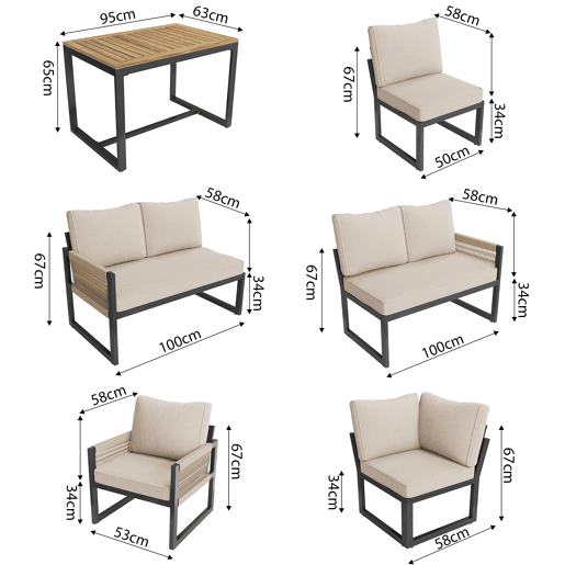 Conjunto de jardim com 2 sofás,2 poltronas e mesa de centro,bege