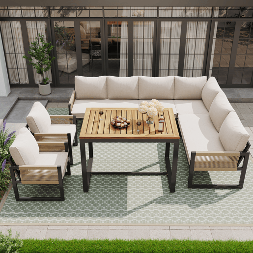 Conjunto de jardim com 2 sofás,2 poltronas e mesa de centro,bege