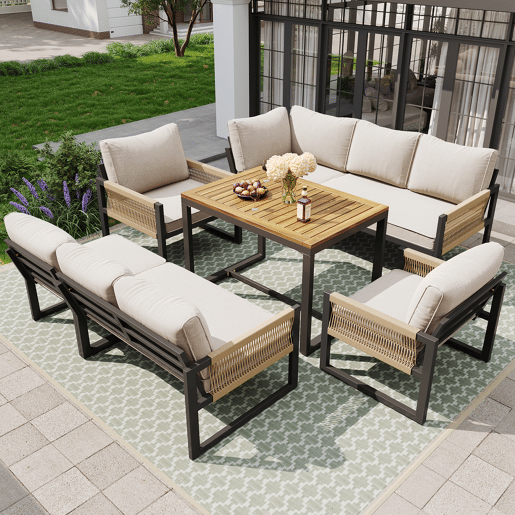 Conjunto de jardim com 2 sofás,2 poltronas e mesa de centro,bege