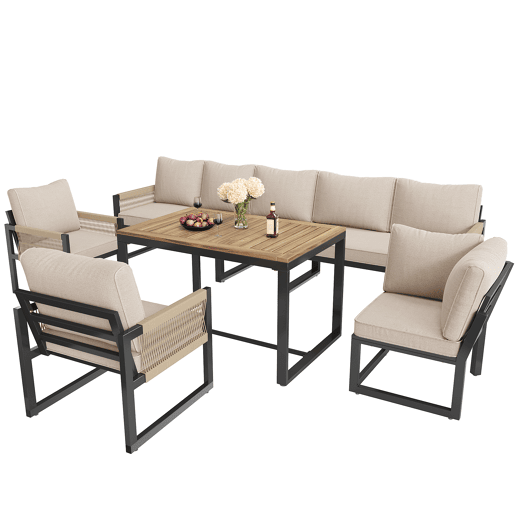 Conjunto de jardim com 2 sofás,2 poltronas e mesa de centro,bege