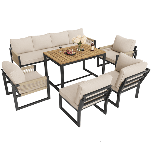 Conjunto de jardim com 2 sofás,2 poltronas e mesa de centro,bege