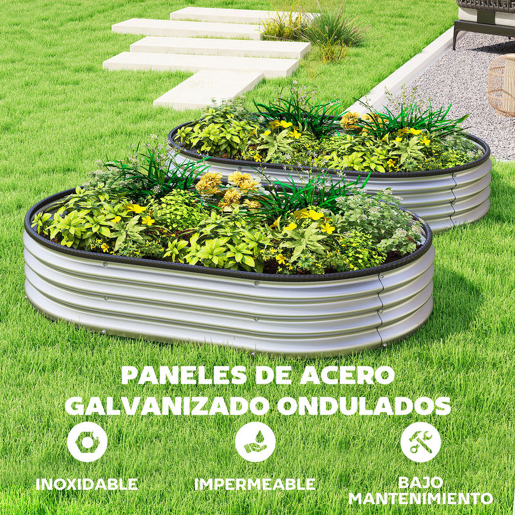 Outsunny Conjunto de 2 Caixas de Plantio Grandes de Exterior em Aço Galvanizado Caixas de Plantio Modulares com Base Aberta para Plantas Resistente às Intempéries 135x90x30 cm Prateado
