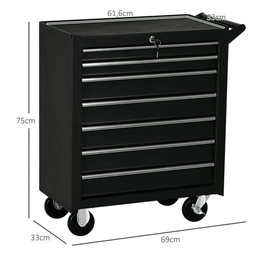 DURHAND Carrinho de Ferramentas com 7 Gavetas Rodas Trava Armário de Armazenamento para Oficina de Garagem e Chapa de Aço 69x33x75 cm Preto
