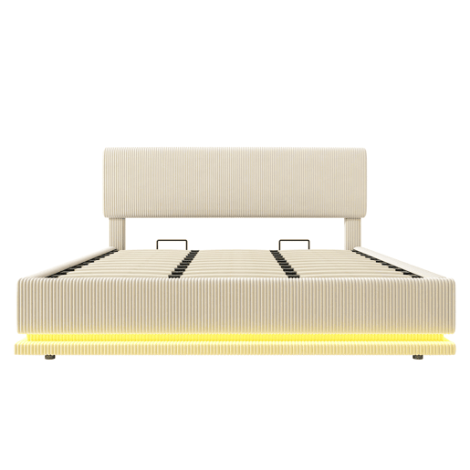 Cama estofada moderna 180x200 - com iluminação LED, USB-C, cabeceira ajustável, tecido cordão, estrutura resistente - Bege