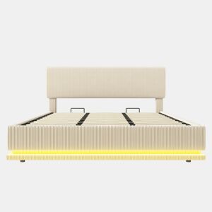 Cama estofada moderna 180x200 - com iluminação LED, USB-C, cabeceira ajustável, tecido cordão, estrutura resistente - Bege
