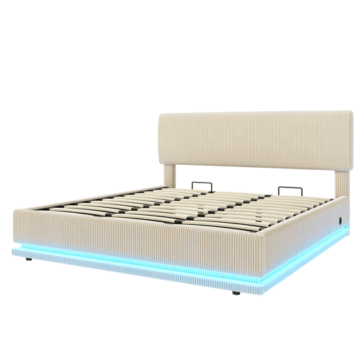 Cama estofada moderna 180x200 - com iluminação LED, USB-C, cabeceira ajustável, tecido cordão, estrutura resistente - Bege