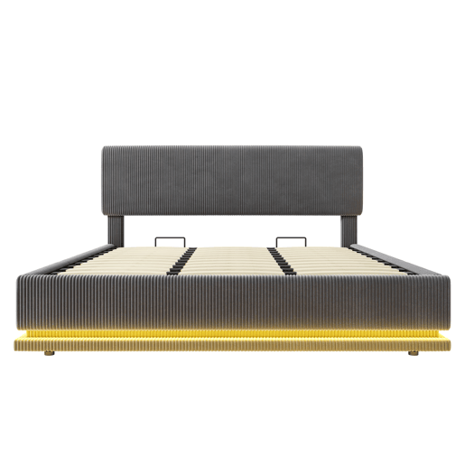 Cama estofada moderna 180x200 - com iluminação LED, USB-C, cabeceira ajustável, arrumação - Cinza