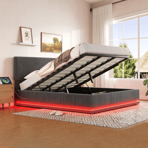 Cama estofada moderna 180x200 - com iluminação LED, USB-C, cabeceira ajustável, arrumação - Cinza