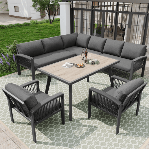 Conjunto de jardim com 2 sofás,2 poltronas e mesa,cinza