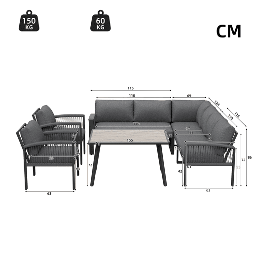 Conjunto de jardim com 2 sofás,2 poltronas e mesa,cinza