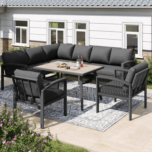 Conjunto de jardim com 2 sofás,2 poltronas e mesa,cinza