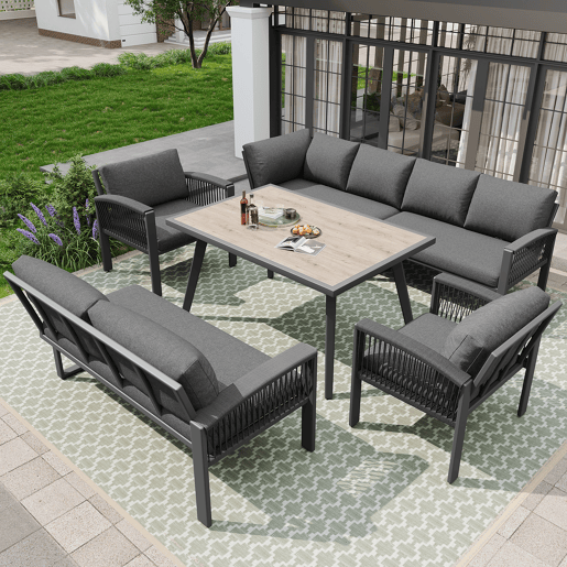 Conjunto de jardim com 2 sofás,2 poltronas e mesa,cinza