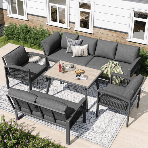 Conjunto de jardim com 2 sofás,2 poltronas e mesa,cinza