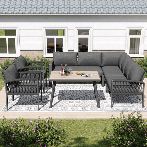 Conjunto de jardim com 2 sofás,2 poltronas e mesa,cinza
