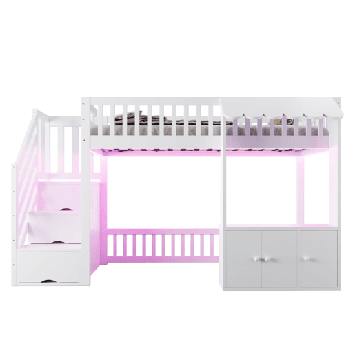 Cama alta de madeira 90x200 cm - armário e escada com arrumação, LED, design com rebordos - branco