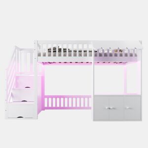 Cama alta de madeira 90x200 cm - armário e escada com arrumação, LED, design com rebordos - branco