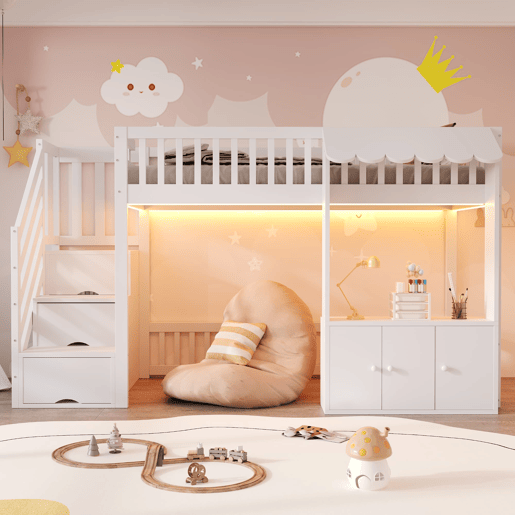 Cama alta de madeira 90x200 cm - armário e escada com arrumação, LED, design com rebordos - branco