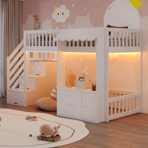 Cama alta de madeira 90x200 cm - armário e escada com arrumação, LED, design com rebordos - branco