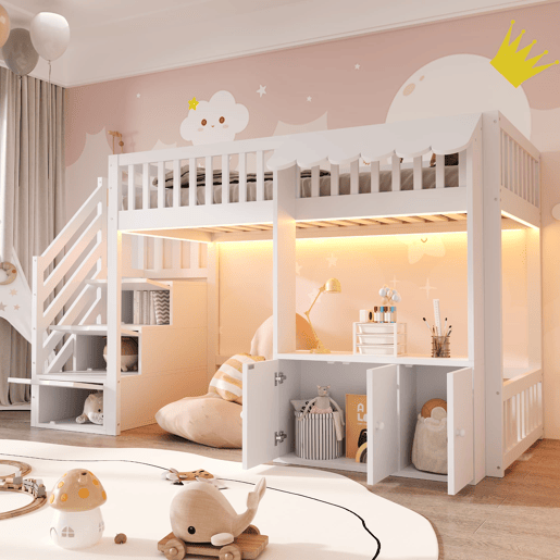 Cama alta de madeira 90x200 cm - armário e escada com arrumação, LED, design com rebordos - branco