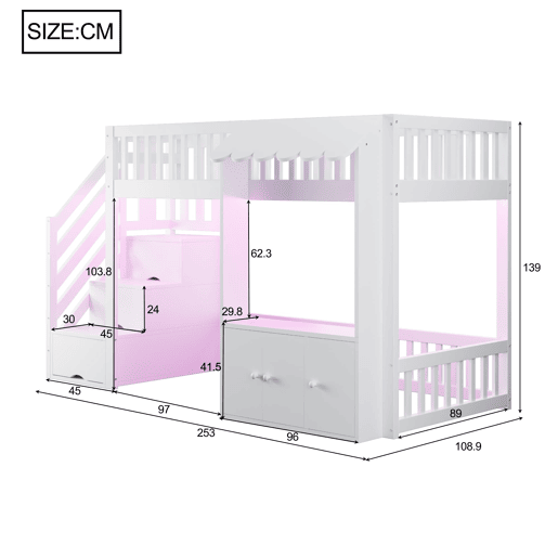 Cama alta de madeira 90x200 cm - armário e escada com arrumação, LED, design com rebordos - branco