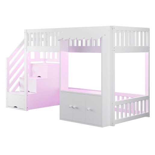 Cama alta de madeira 90x200 cm - armário e escada com arrumação, LED, design com rebordos - branco