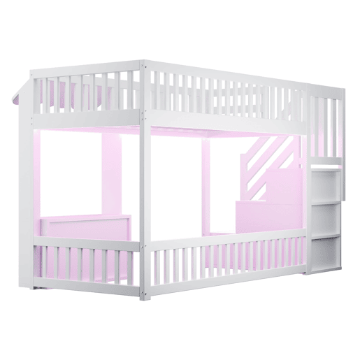 Cama alta de madeira 90x200 cm - armário e escada com arrumação, LED, design com rebordos - branco