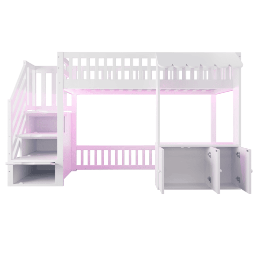Cama alta de madeira 90x200 cm - armário e escada com arrumação, LED, design com rebordos - branco