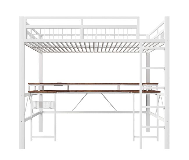 Cama alta + escritorio 140x200 cm - led rgb, usb, tipo-c, enchufes, panel perforado - blanco
