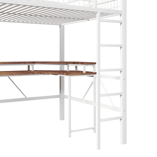Cama alta + secretária 140x200 cm - LED RGB, USB, Tipo-C, tomadas, painel perfurado - Branco