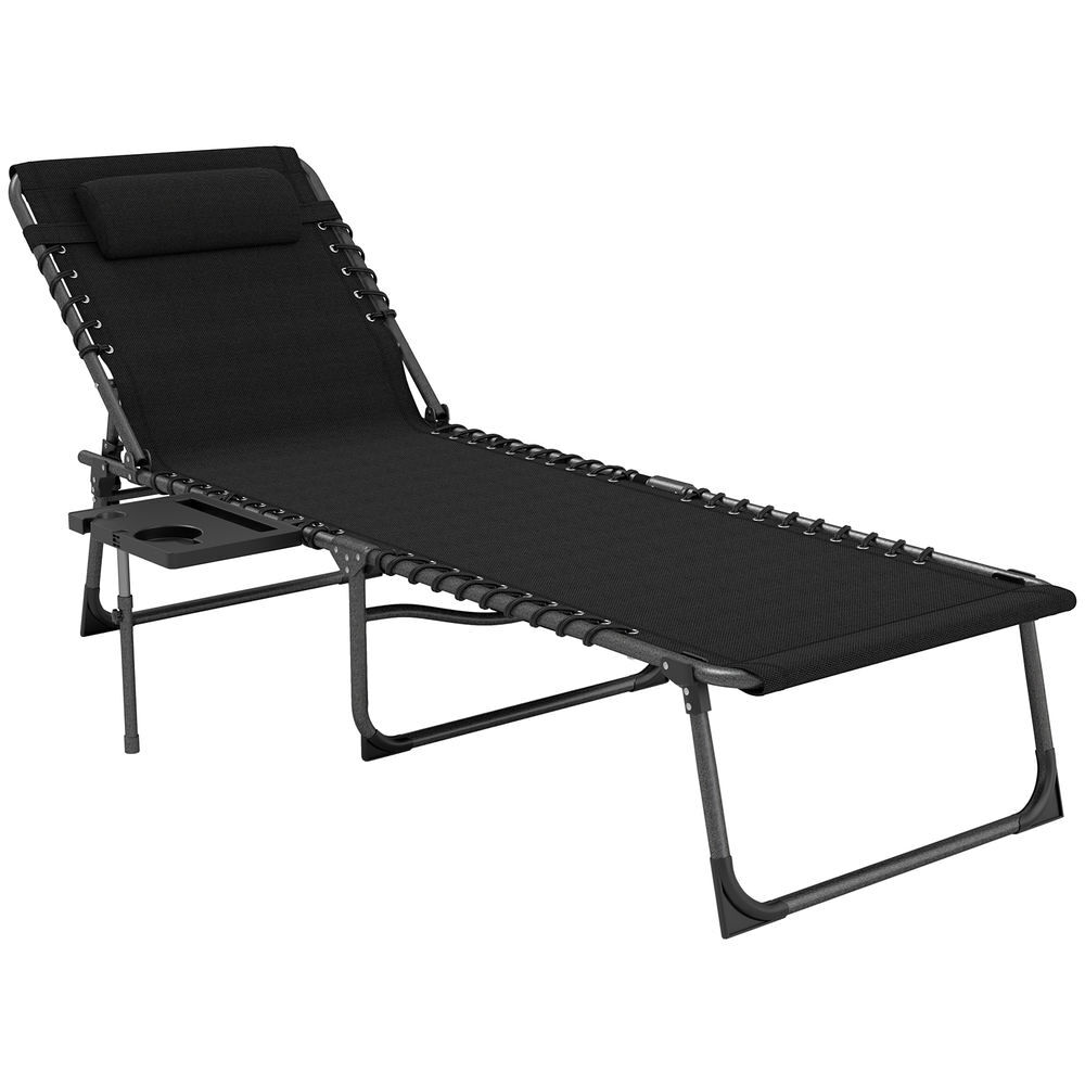 Outsunny tumbona plegable, tumbona jardín exterior con respaldo ajustable, reposacabezas, bolsillo lateral, bandeja y estructura de acero, carga 120 kg para terraza piscina playa, 190x60x31 cm, negro
