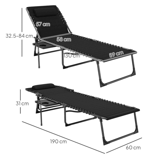Outsunny Espreguiçadeira Dobrável Espreguiçadeira de Jardim Exterior com Encosto Ajustável, Apoio de Cabeça Bolso Lateral Bandeja e Estrutura em Aço Suporta até 120 kg para Terraço Piscina Praia 190x60x31 cm Preto
