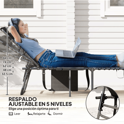 Outsunny Espreguiçadeira Dobrável Espreguiçadeira de Jardim Exterior com Encosto Ajustável, Apoio de Cabeça Bolso Lateral Bandeja e Estrutura em Aço Suporta até 120 kg para Terraço Piscina Praia 190x60x31 cm Preto