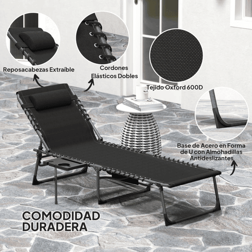 Outsunny Espreguiçadeira Dobrável Espreguiçadeira de Jardim Exterior com Encosto Ajustável, Apoio de Cabeça Bolso Lateral Bandeja e Estrutura em Aço Suporta até 120 kg para Terraço Piscina Praia 190x60x31 cm Preto