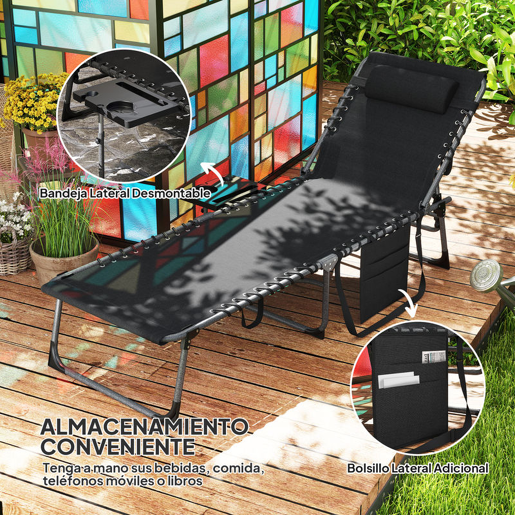 Outsunny Espreguiçadeira Dobrável Espreguiçadeira de Jardim Exterior com Encosto Ajustável, Apoio de Cabeça Bolso Lateral Bandeja e Estrutura em Aço Suporta até 120 kg para Terraço Piscina Praia 190x60x31 cm Preto
