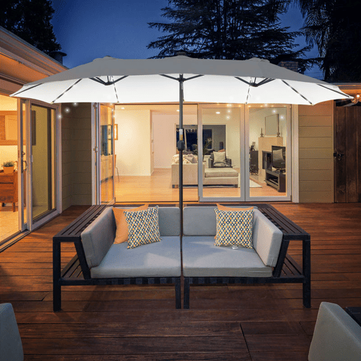 Outsunny Guarda-Sol Duplo com 48 Luzes LED, 4,5x2,7 m, Guarda-Sol Exterior para Terraço com Manivela Manual, Resistente à Água e com Proteção Solar, Chapéu de Sol para Jardim, Terraço, Pátio e Piscina, Creme