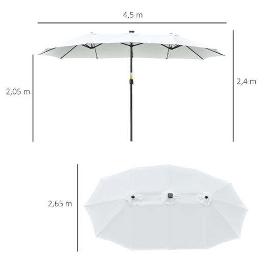 Outsunny Guarda-Sol Duplo com 48 Luzes LED, 4,5x2,7 m, Guarda-Sol Exterior para Terraço com Manivela Manual, Resistente à Água e com Proteção Solar, Chapéu de Sol para Jardim, Terraço, Pátio e Piscina, Creme