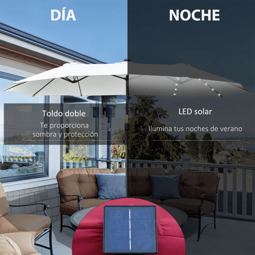 Outsunny Guarda-Sol Duplo com 48 Luzes LED, 4,5x2,7 m, Guarda-Sol Exterior para Terraço com Manivela Manual, Resistente à Água e com Proteção Solar, Chapéu de Sol para Jardim, Terraço, Pátio e Piscina, Creme