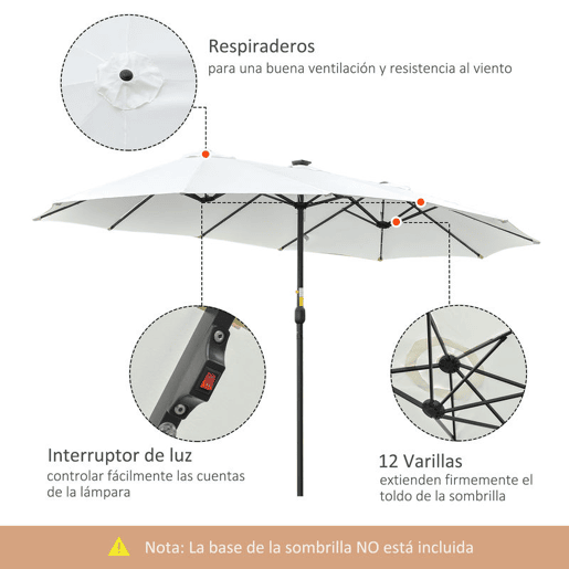 Outsunny Guarda-Sol Duplo com 48 Luzes LED, 4,5x2,7 m, Guarda-Sol Exterior para Terraço com Manivela Manual, Resistente à Água e com Proteção Solar, Chapéu de Sol para Jardim, Terraço, Pátio e Piscina, Creme