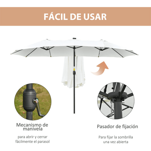 Outsunny Guarda-Sol Duplo com 48 Luzes LED, 4,5x2,7 m, Guarda-Sol Exterior para Terraço com Manivela Manual, Resistente à Água e com Proteção Solar, Chapéu de Sol para Jardim, Terraço, Pátio e Piscina, Creme